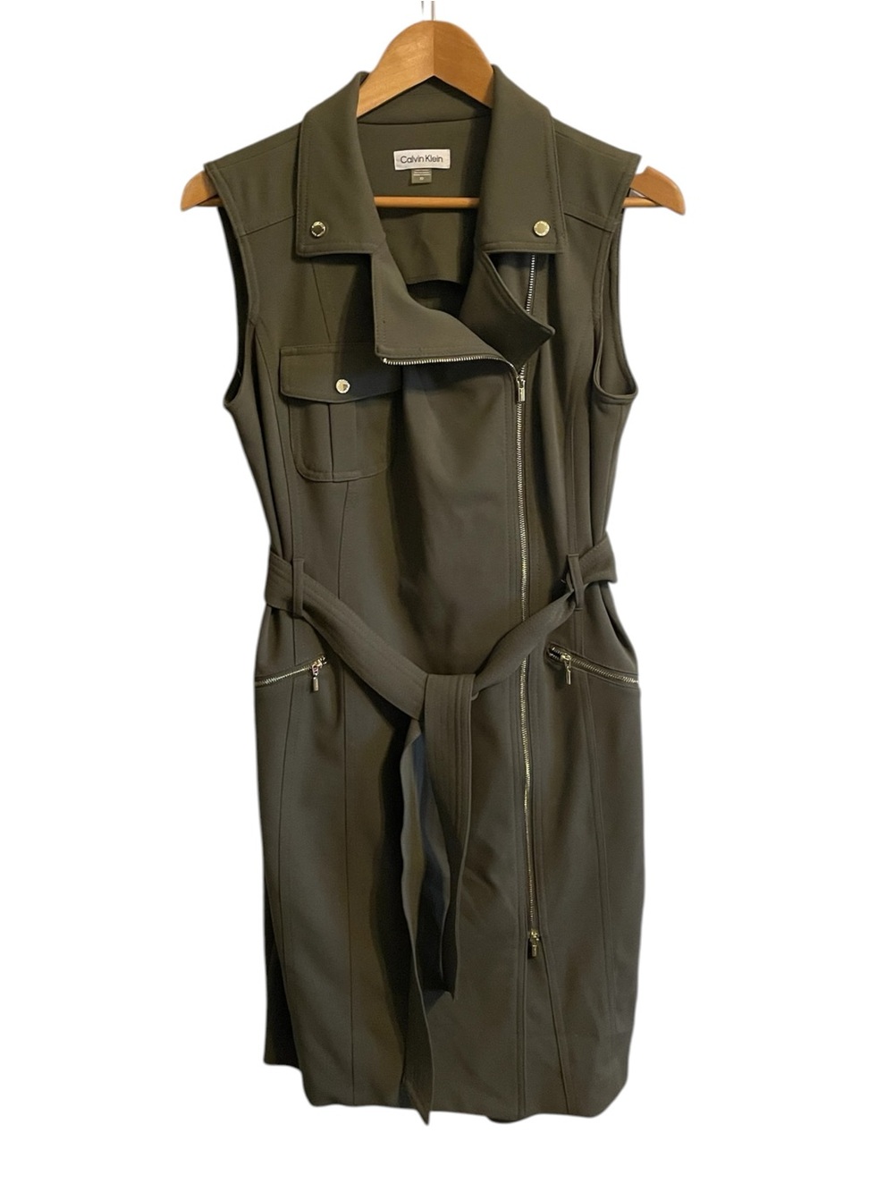 C3- Calvin Klein Olive Green Sleeveless Zip-Front Dress